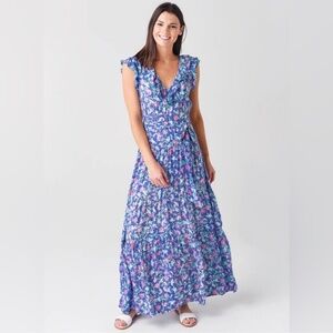 Poupette St Barth Della Maxi Dress Belted Blue Pink Ruffle Sleeve Tiered Skirt